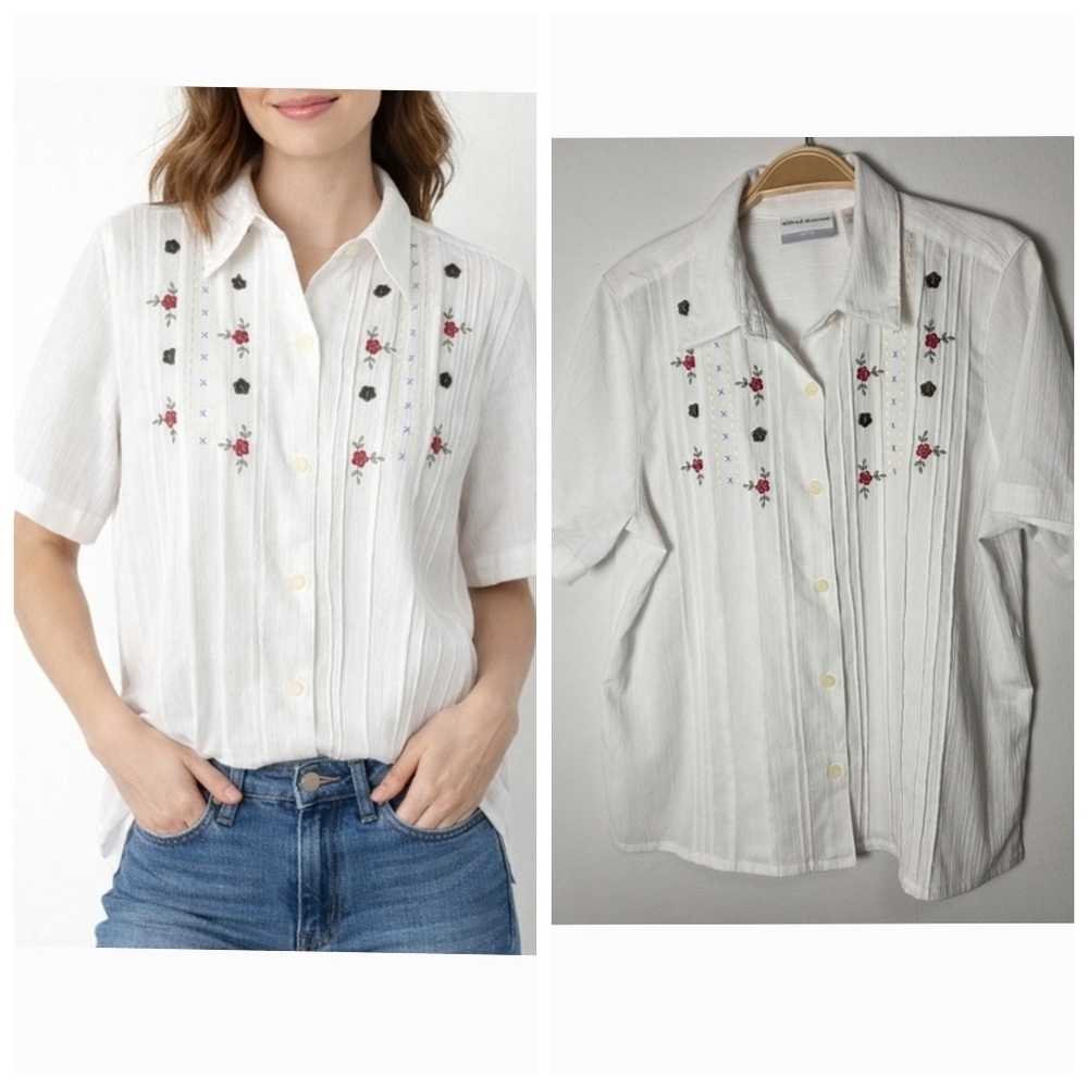 Vintage Alfred Dunner White Blouse with Delicate Floral Accents